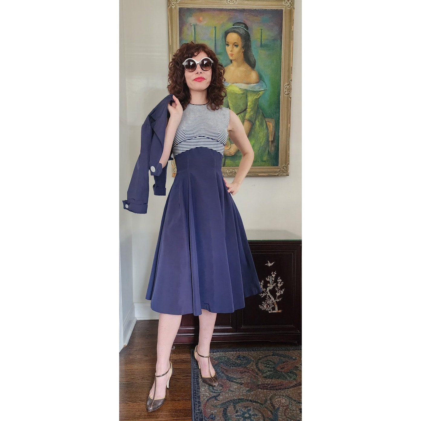 Vintage 50s Blue Dress Suit Nautical Stripe Cropped Jacket Jerell Jr
