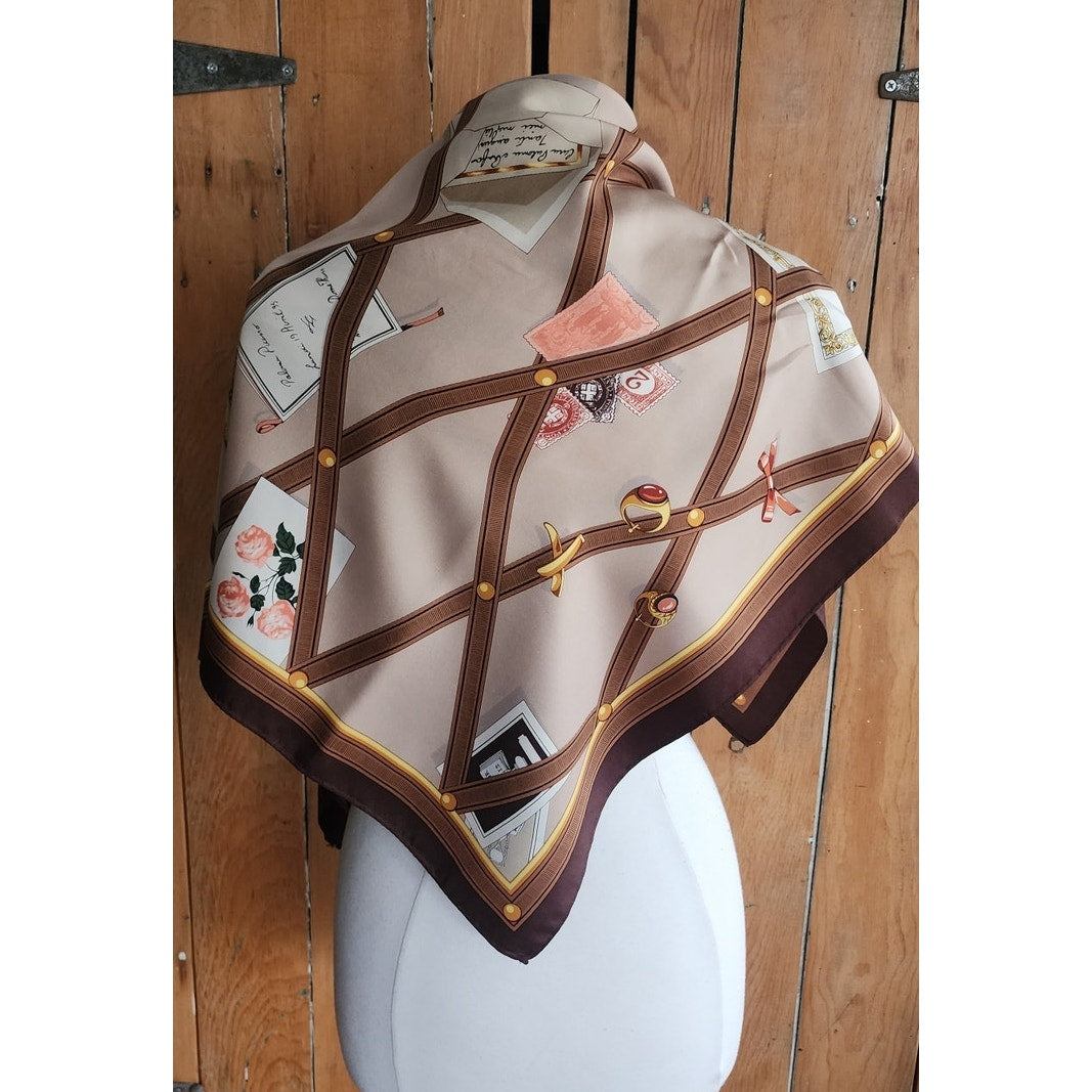 Vintage 90s Paloma Picasso Scarf Silk Brown Beige Novelty Print Bulletin Board