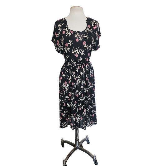 Vintage 1930s Rayon Print Maternity Dress Adjustable Tie Sash Dark Floral Print