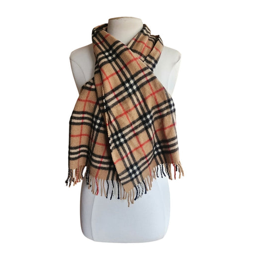 Vintage 1980s Burberrys Cashmere Scarf Beige Plaid Nova Check Fringed