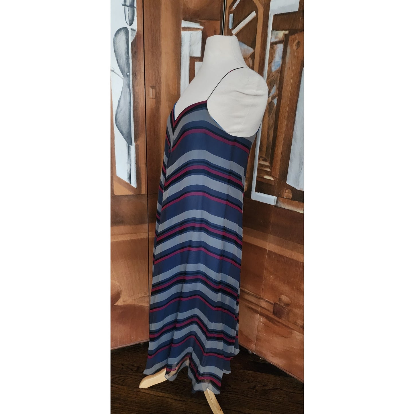 Vintage 70s Chiffon Silk Sun Dress Chevron Stripe Charlotte Ford Spaghetti Strap