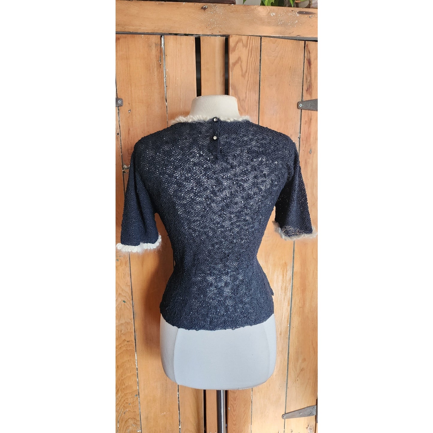 Vintage 50s Knit Top Navy Blue w/ Cream Crochet Trim Scotch Wool Shop / S