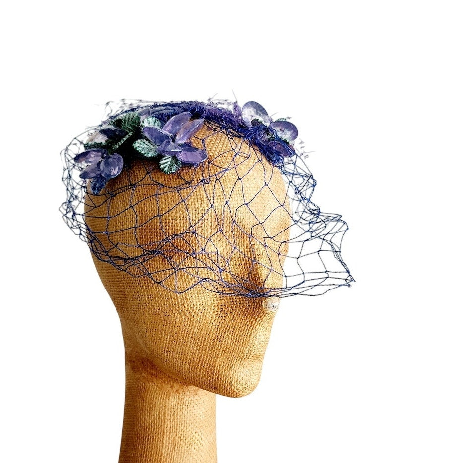 Vintage 50s Bes-Ben Hat Blue Crystal Floral Crown Fascinator w/Veil