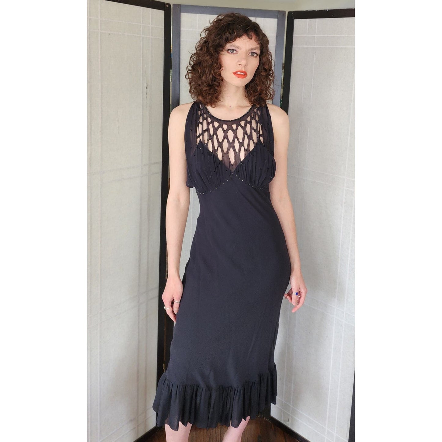 Vintage 30s Style Evening Dress Black Silk Chiffon Rhinestones Malandrino