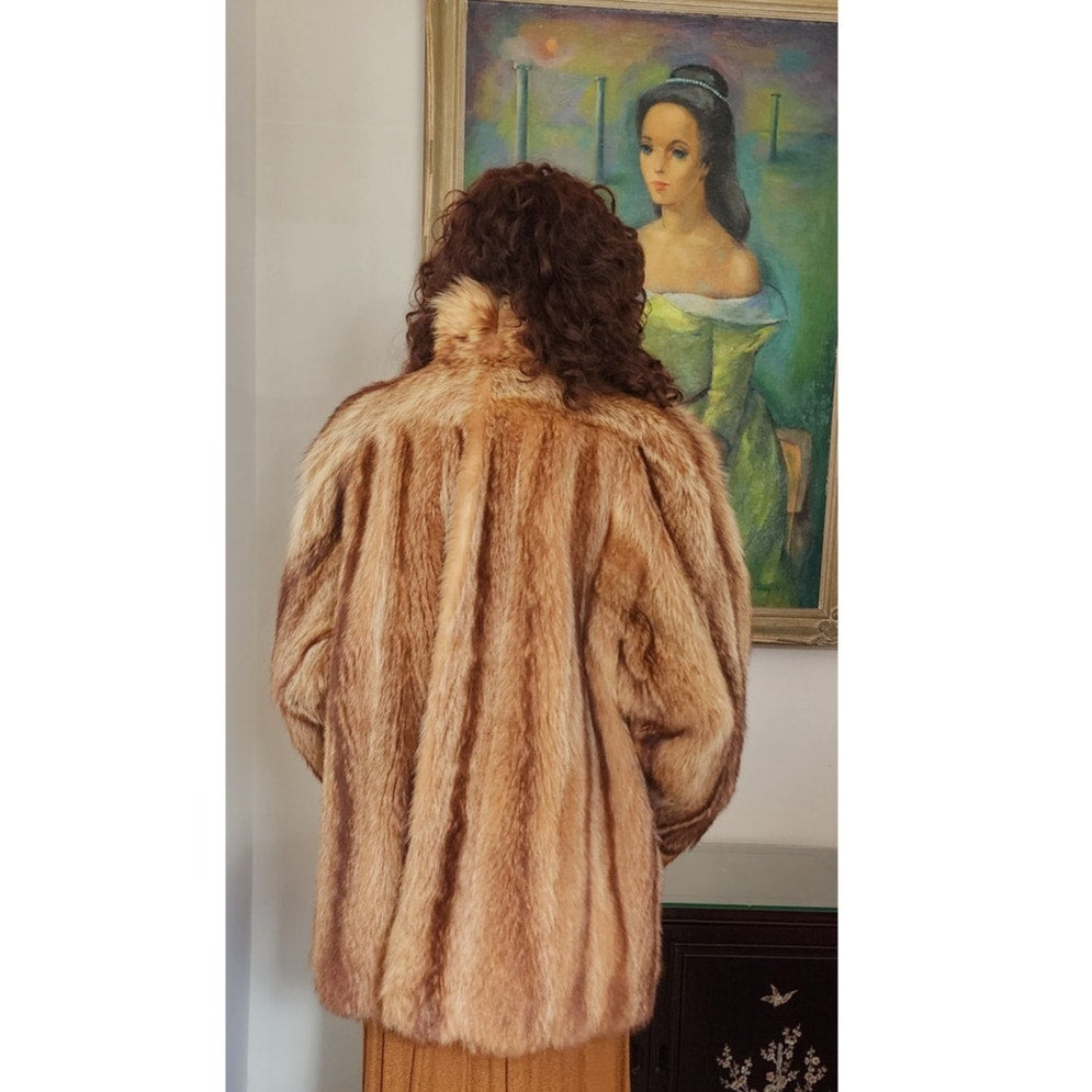 Vintage 70s Fox Fur Coat Hip Length Stripe Pattern / L