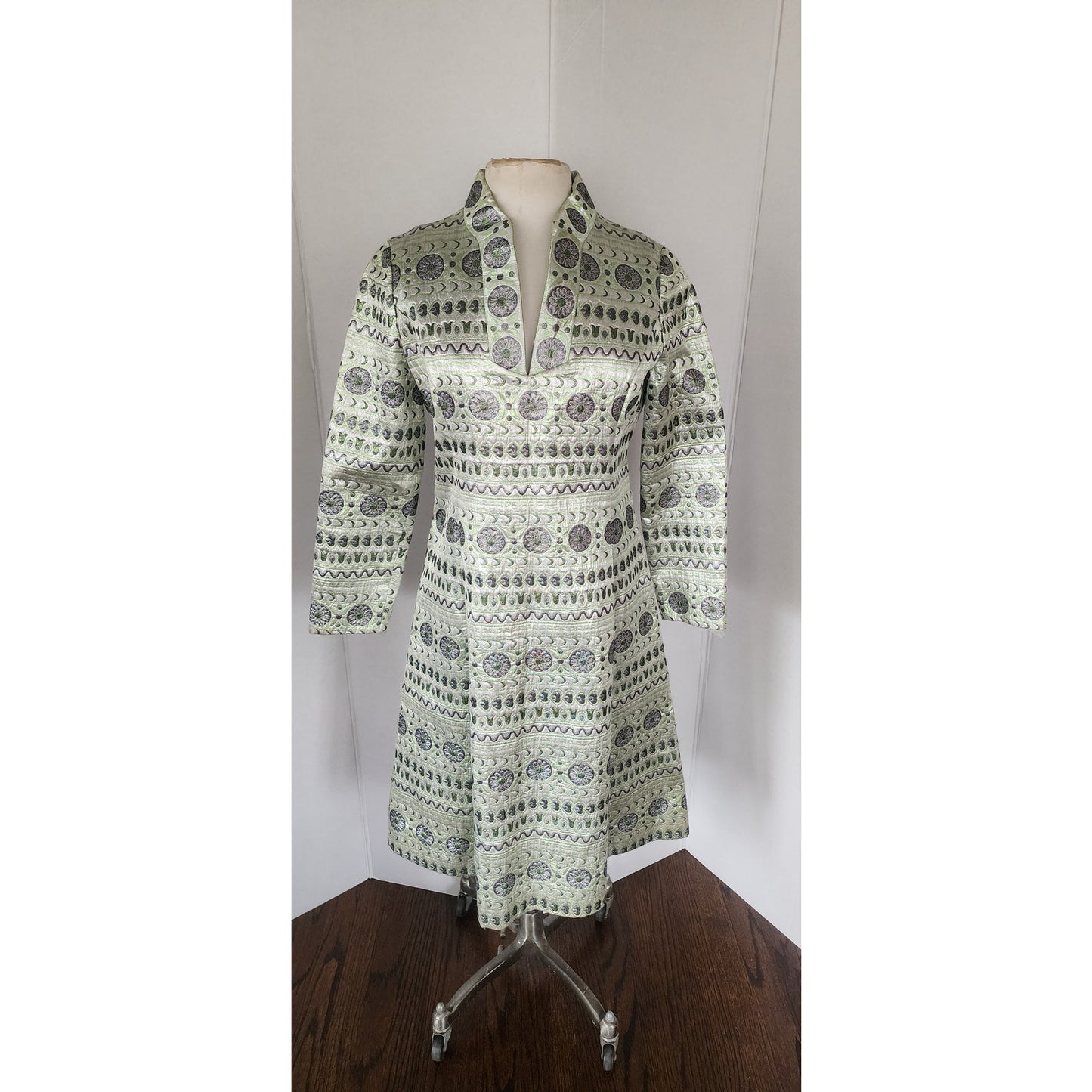 Vintage 60s Brocade Dress Silver Green Metallic Psychedelic Print