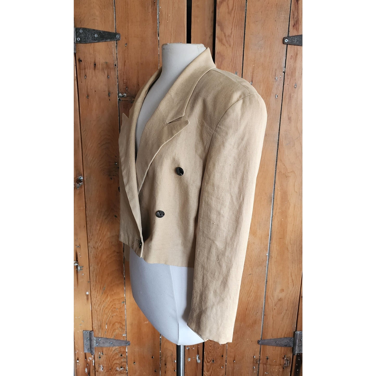 Vintage 80s Beige Linen Blazer Cropped Jacket Marshall Fields