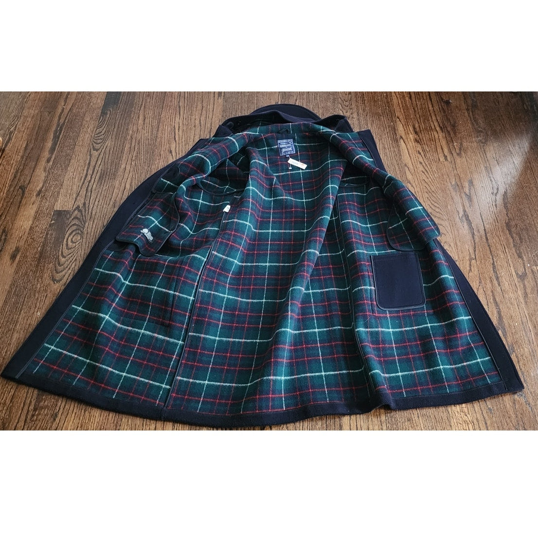 Vintage 1990s Mens Duffle Coat Lands End Navy Blue Wool Hooded w/Toggle Closure