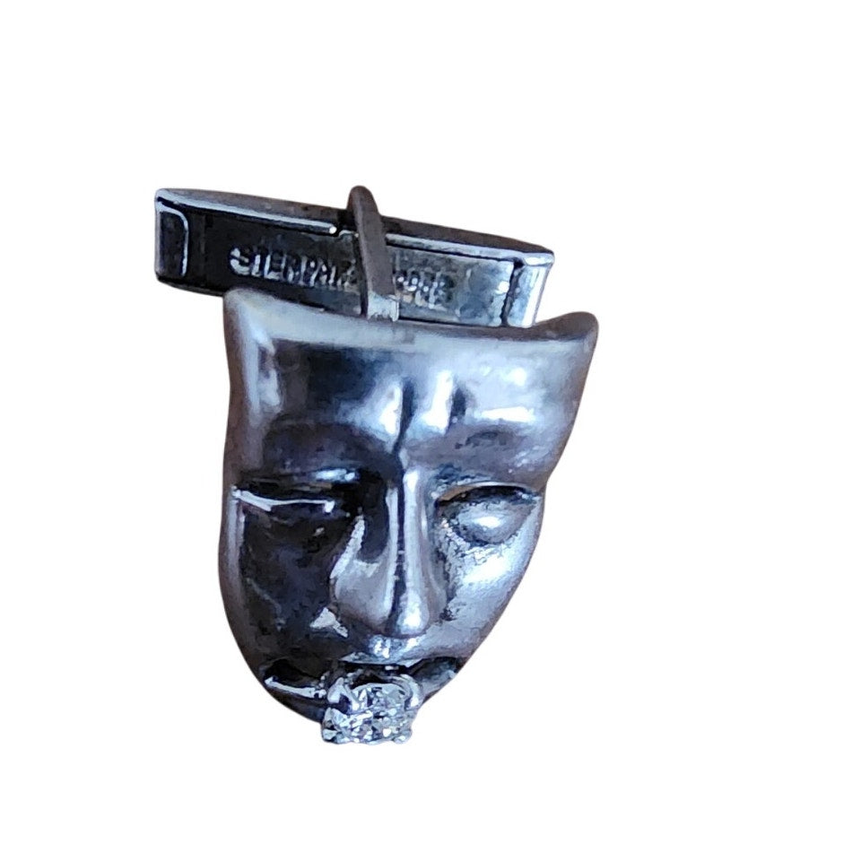 Vintage Sterling Silver Cufflinks w/Diamonds Comedy Tragedy Theater Masks