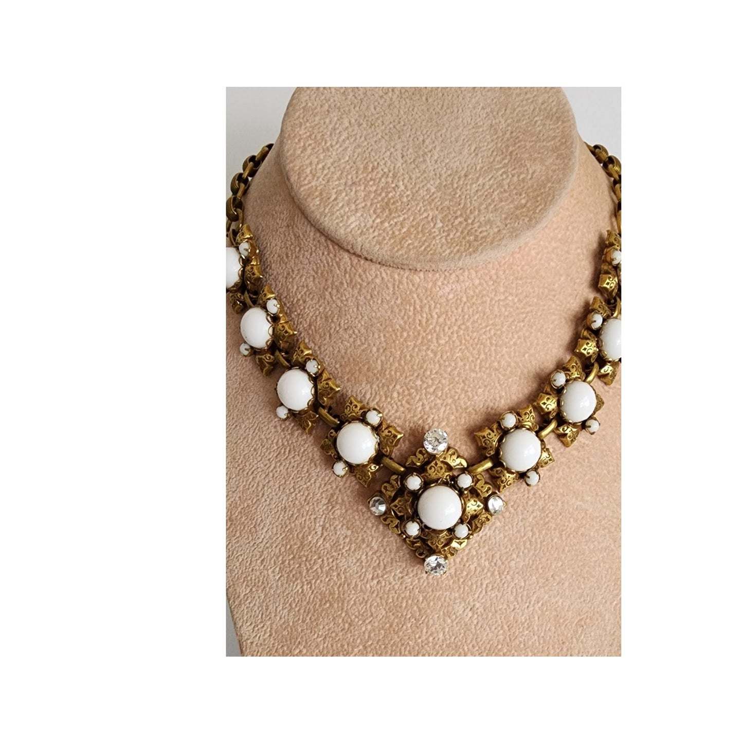 1960s Choker Necklace White Milk Glass & Gold Baroque Style