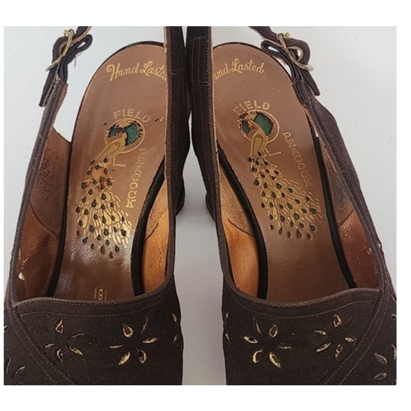 Vintage 1940s Brown Suede Shoes by Peacock Slingbacks Heels Cut Out Peep Toe 6.5