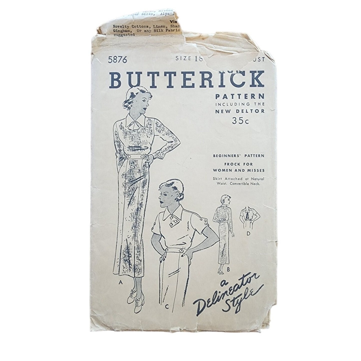 Vintage 1930s ORIGINAL Dress Sewing Pattern: Belted Day Dress Frock Butterick 5876