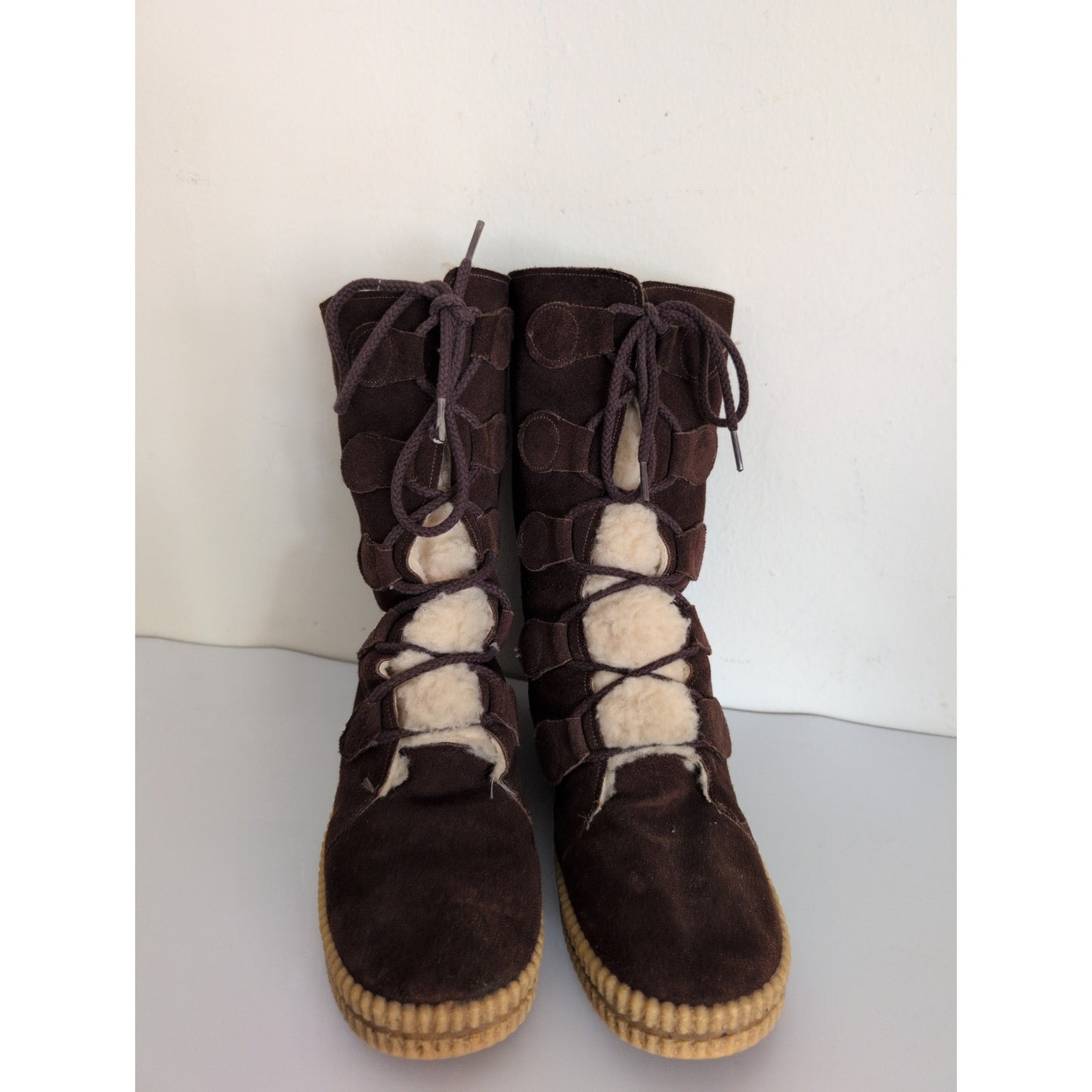 Vintage 70s Winter Boots Ladies Brown Suede + Shearling Size 9