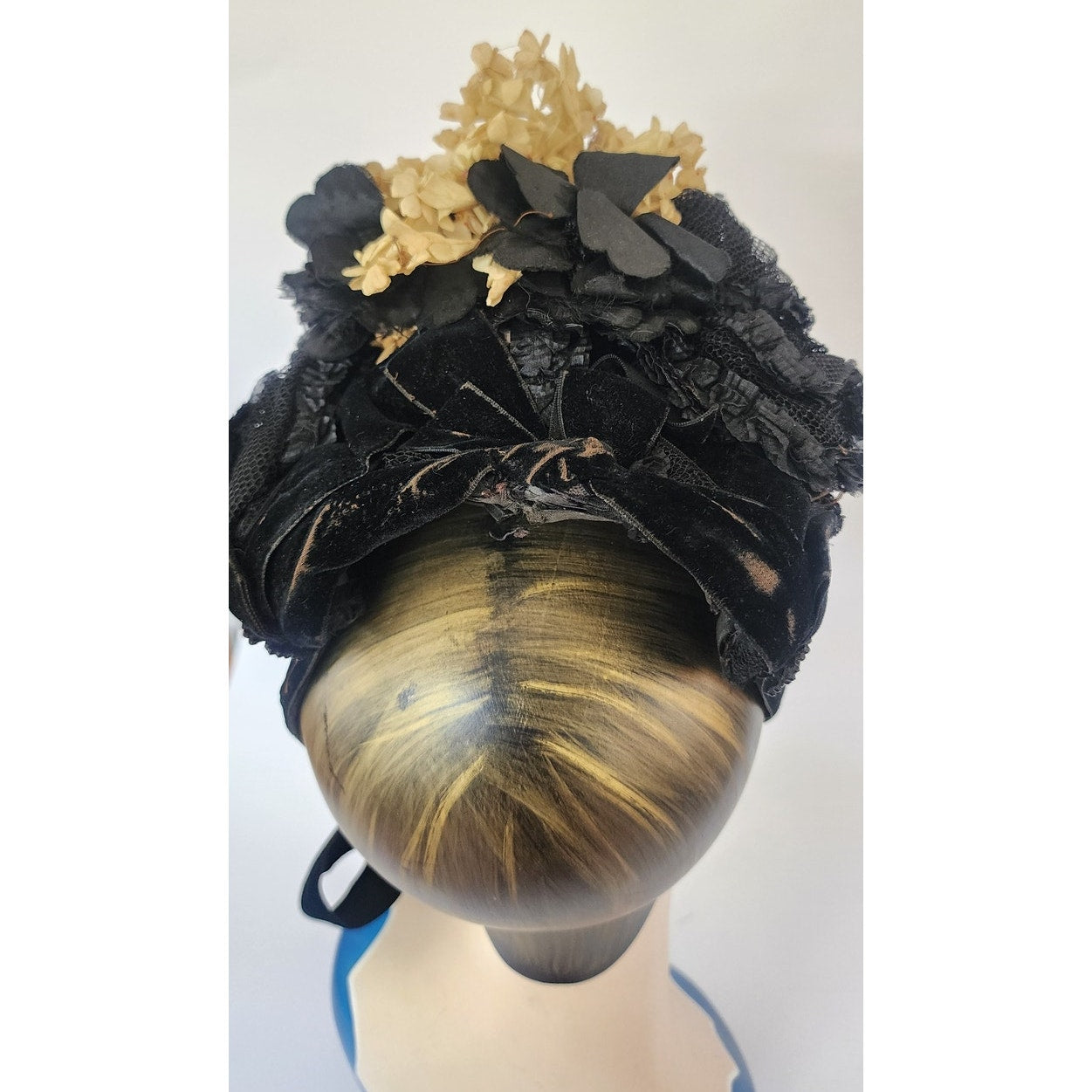 Antique Victorian Hat Black Satin w/Cream Silk Flowers