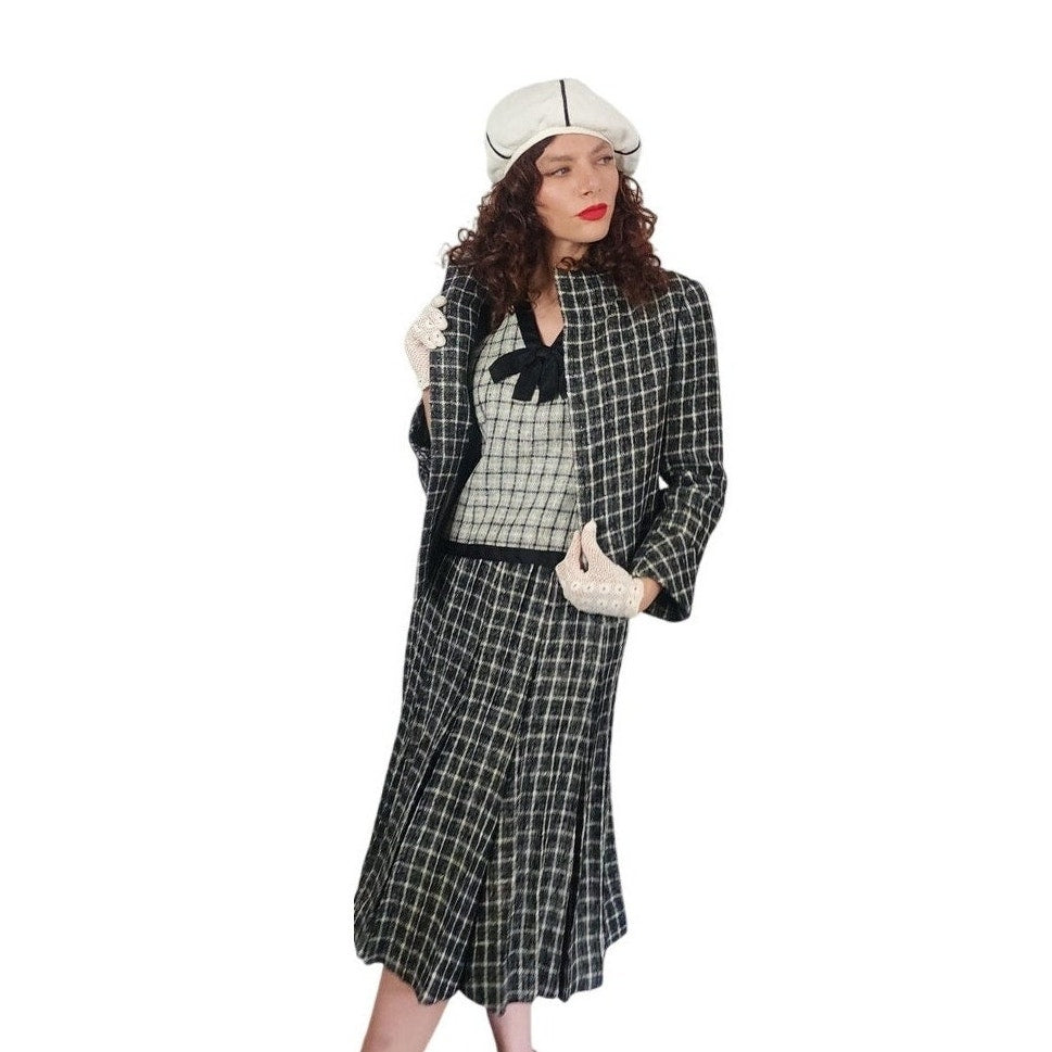 Vintage 1960s Christin Dior New York Suit Mod Three Piece Black White Check Wool