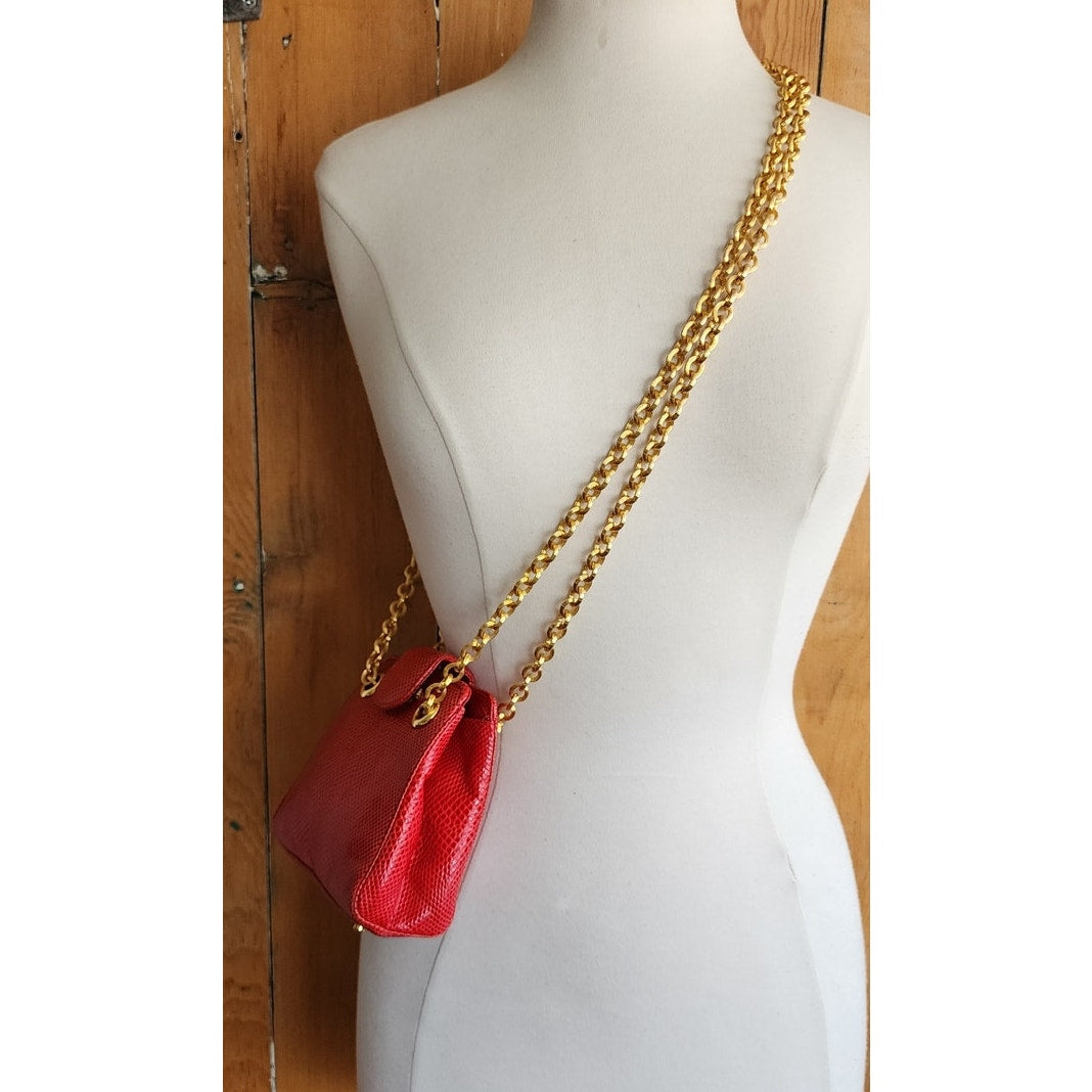 Vintage 90s Judith Leiber Bag Red Lizard Leather Gold Minaudiere