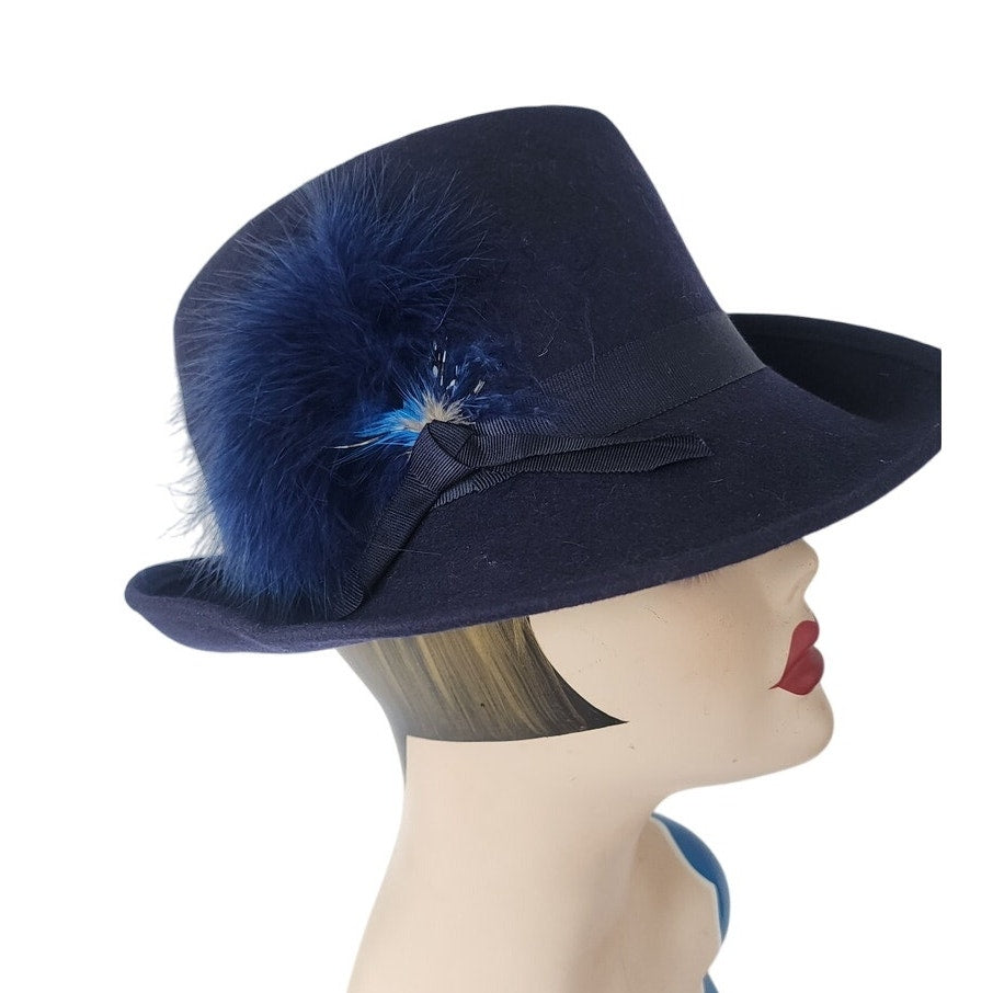 Vintage 1970s Ladies Fedora Blue Wool w/Feather Tally-Ho