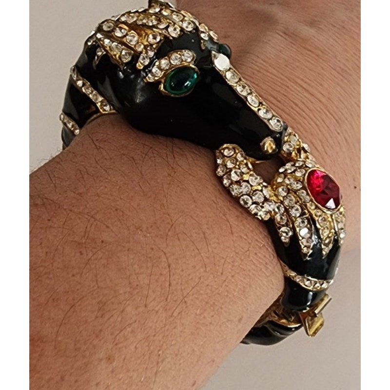 Vintage Black Enamel Horsehead Bracelet Bangle Rhinestone Jewels Art Deco Erte Style