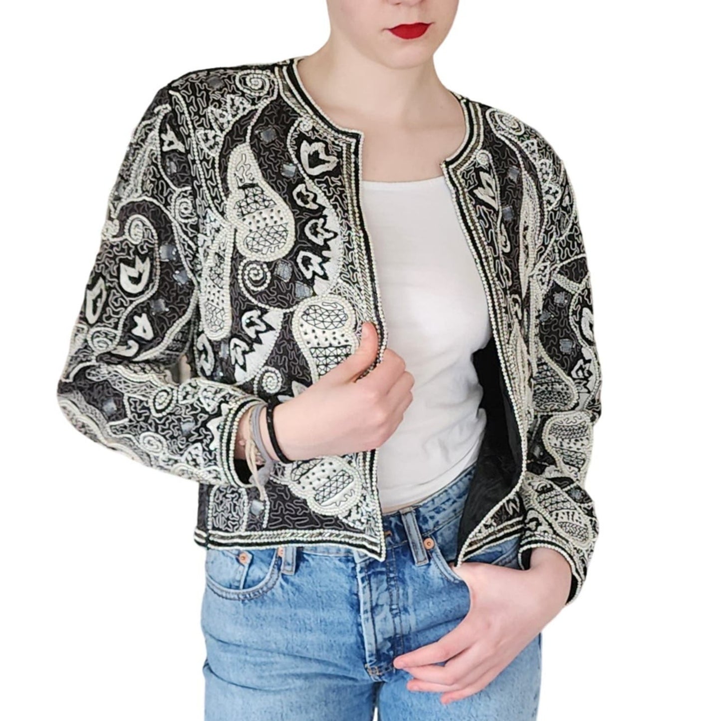 Vintage 80s Beaded Blazer Judith Ann Cropped Jacket Black & White Paisley