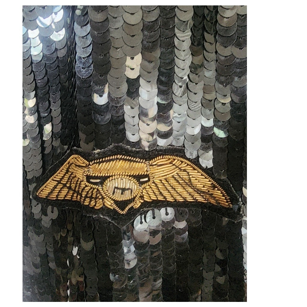 Vintage 80s Bomber Jacket Black Sequins Gold Eagle Motorcycle Patches Neiman Marcus / L