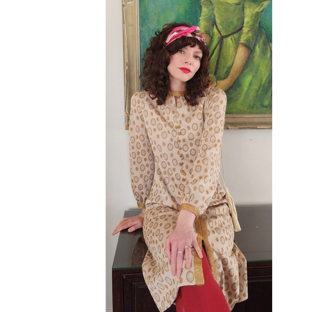 Vintage 60s Metallic Print Dress Beige Gold Tannel Knits / M