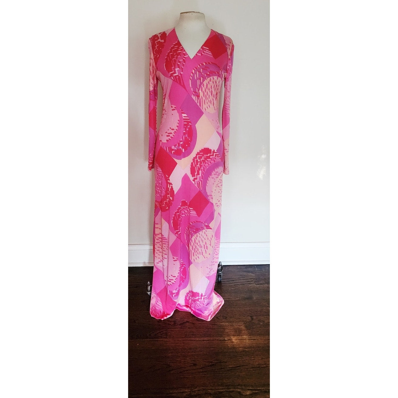 Vintage 1970s Maxi Dress Pink Red Geometric Print Rayon Jersey Stretch