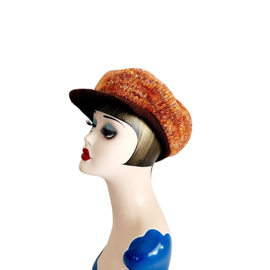 Vintage 70s Knit Tam Hat Boho Newboy Cap Orange Brown