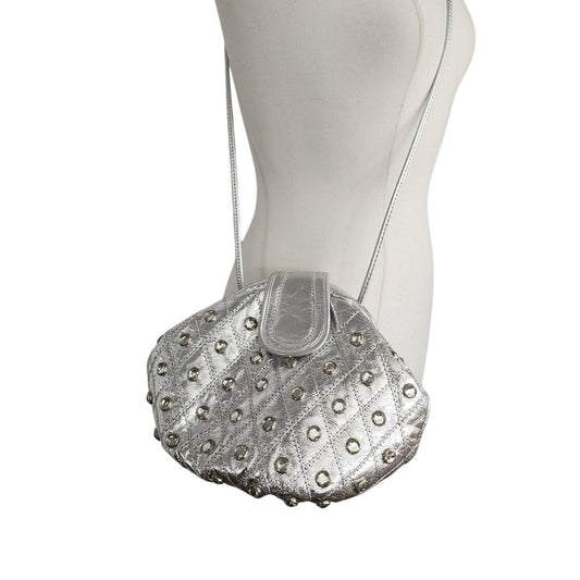 Vintage 1980s Silver Bag Crossbody Shoulder Purse Rhinestone Studs