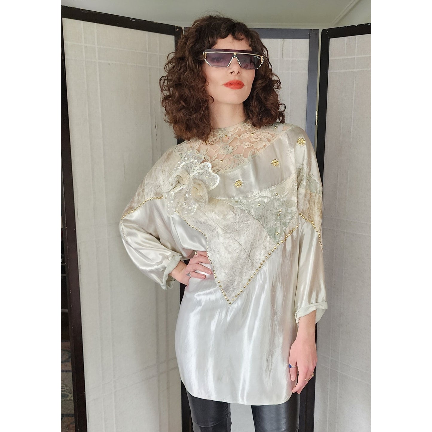Vintage 80s Maick Harold Blouse Tunic Velvet Lace Sequins Applique Embroidery