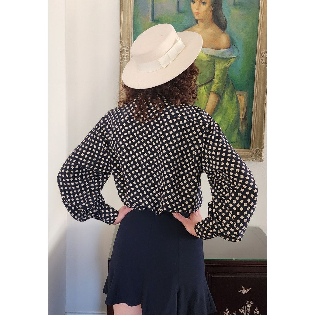 Vintage 80s Escada Blouse Navy Blue White Silkprint Shirt