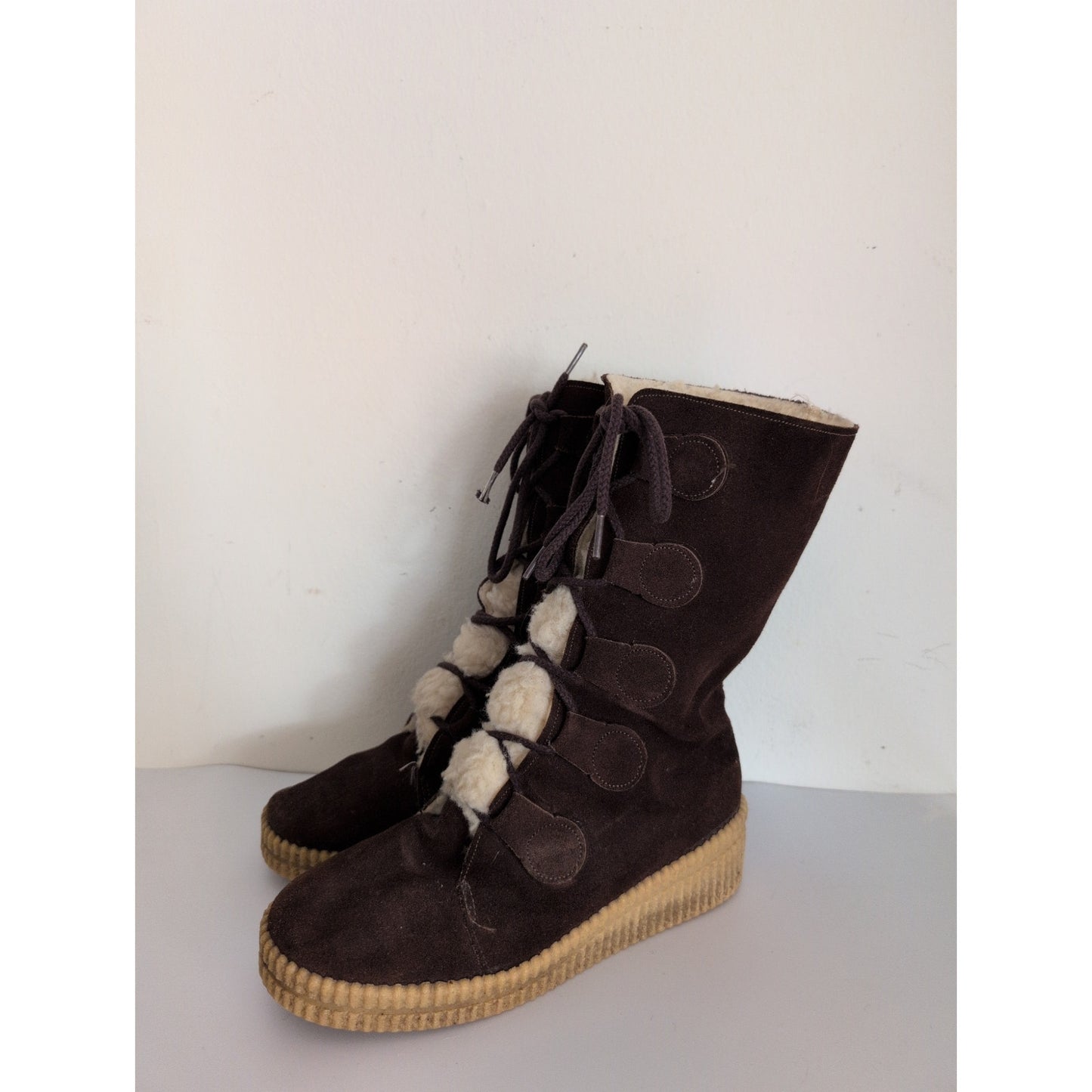 Vintage 70s Winter Boots Ladies Brown Suede + Shearling Size 9