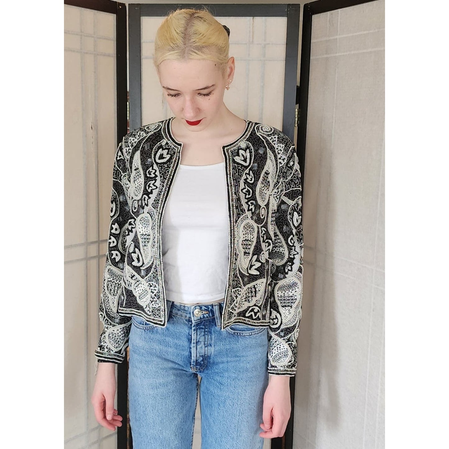 Vintage 80s Beaded Blazer Judith Ann Cropped Jacket Black & White Paisley