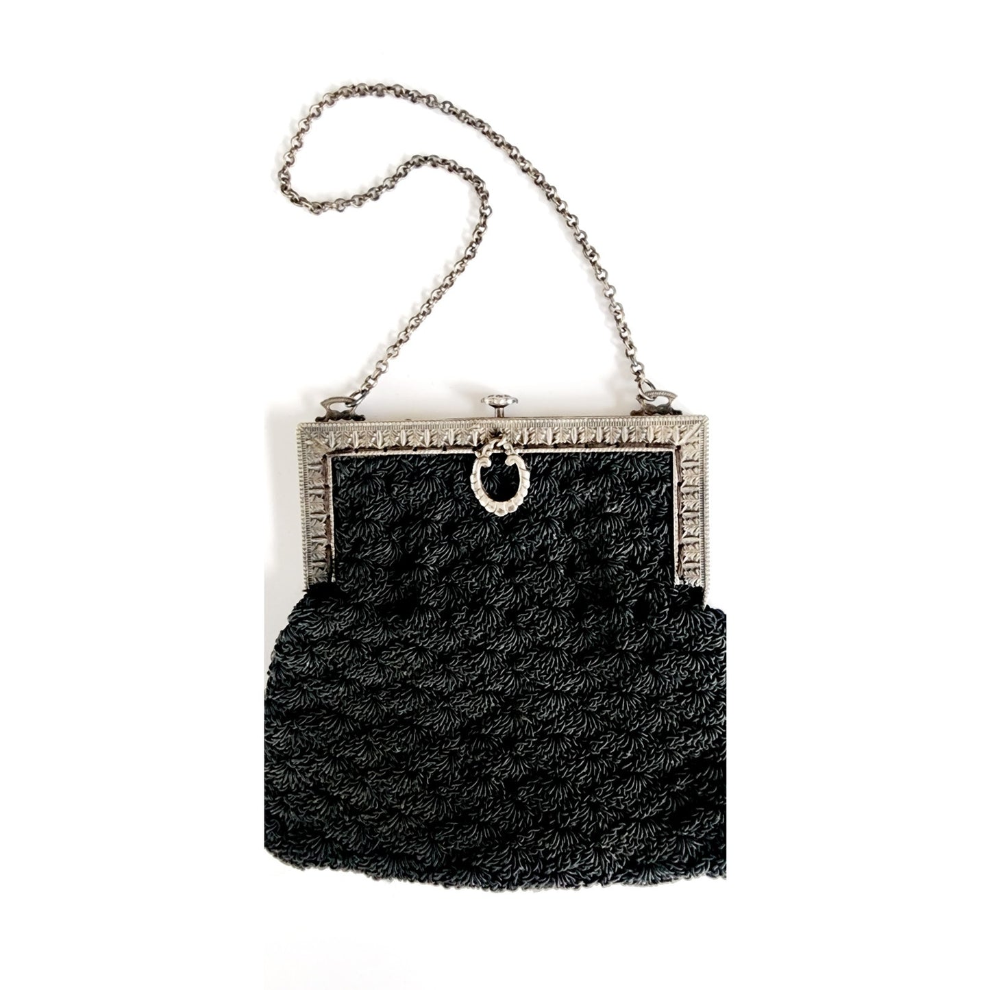 Antique Black Crochet Bag Silver Metal Etched Frame Edwardian 1910s Purse