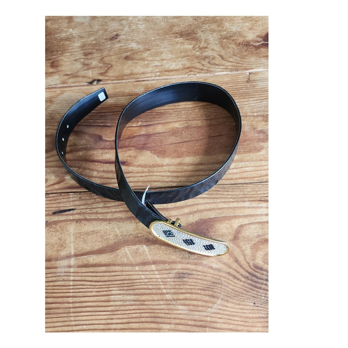 Vintage 80s Belt Rhinestone Buckle Black Leather /