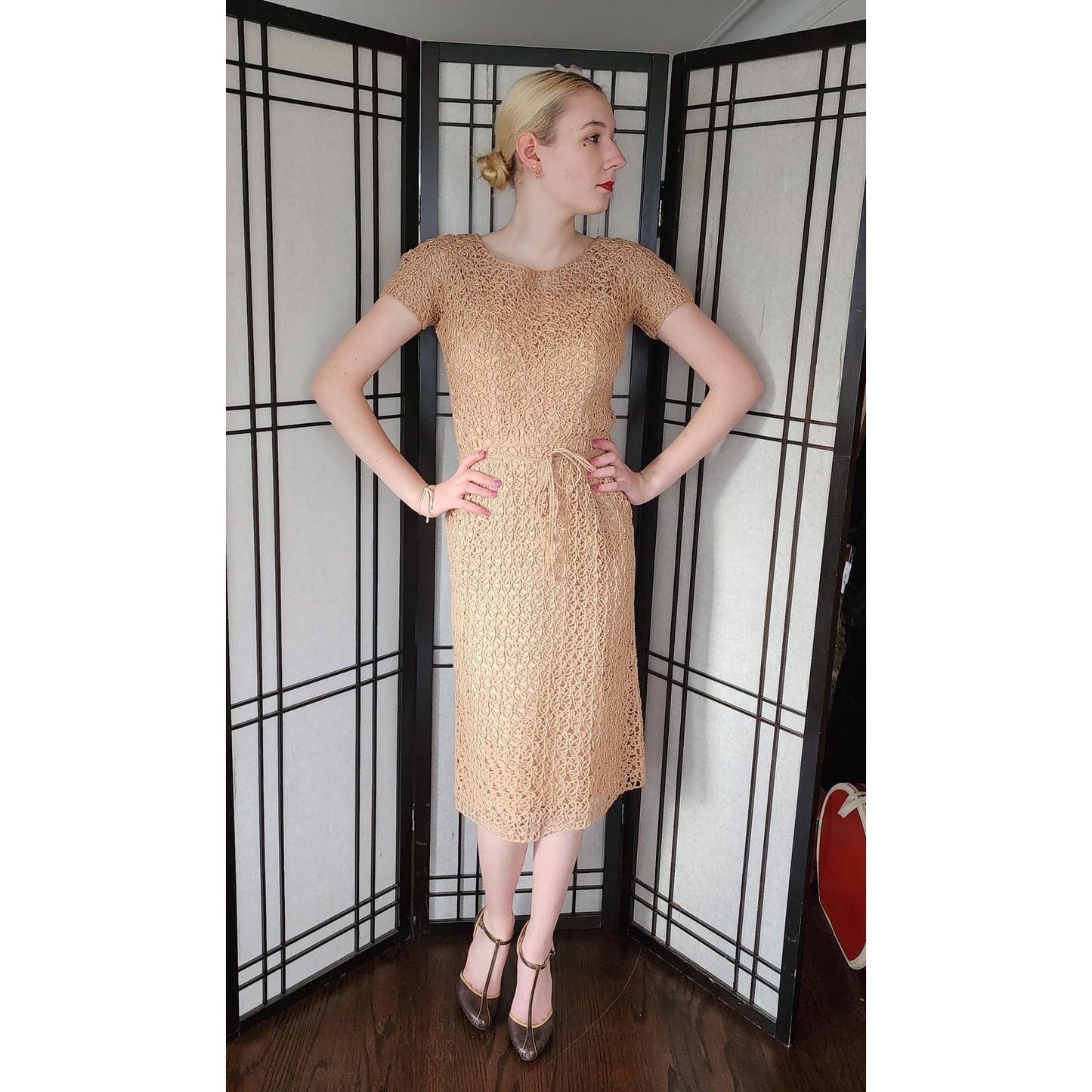 Vintage 50s Ribbon Lace Dress Helen Barbieri Beige Peach