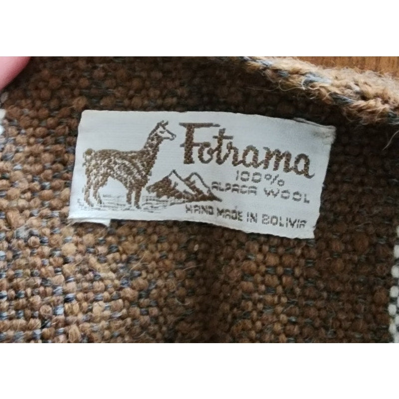 Vintage Fotrama Poncho Alpaca Wool Brown Cream Striped w/Fringe Handmade Ruana Bolivia