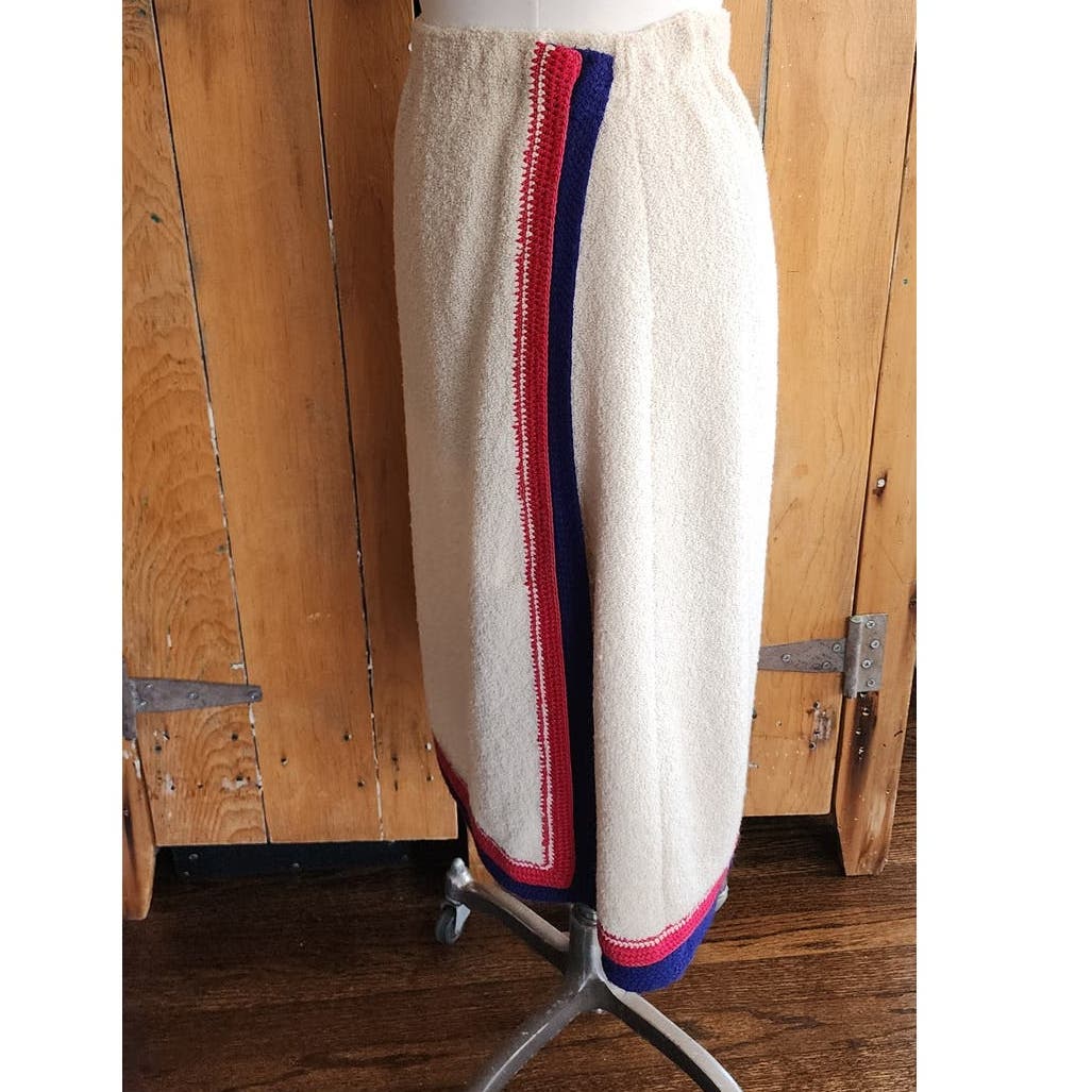 Vintage 60s Adolfo Skirt Suit Cream Blue Red Knit in Chanel Style