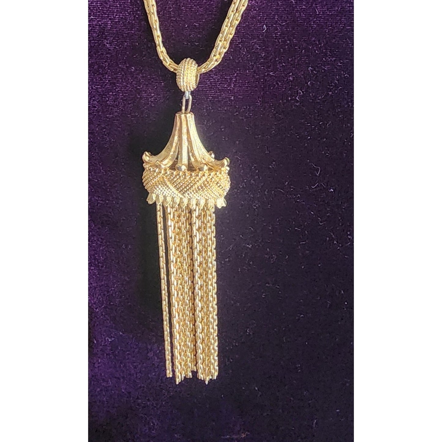 Vintage 70s Monet Traviata Pendant Necklace Gold Fringe Pagoda