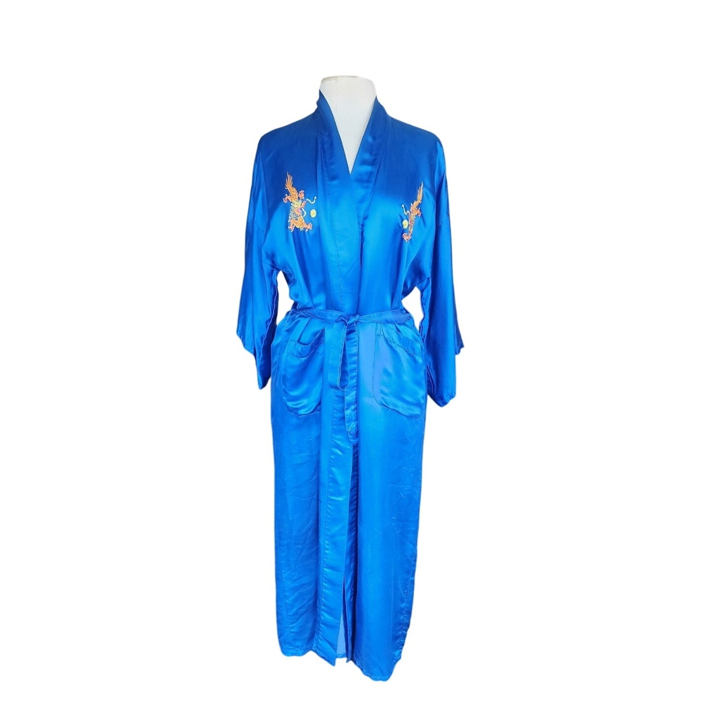Vintage Chinese Dragon Robe Embroidered Blue Silk Esme