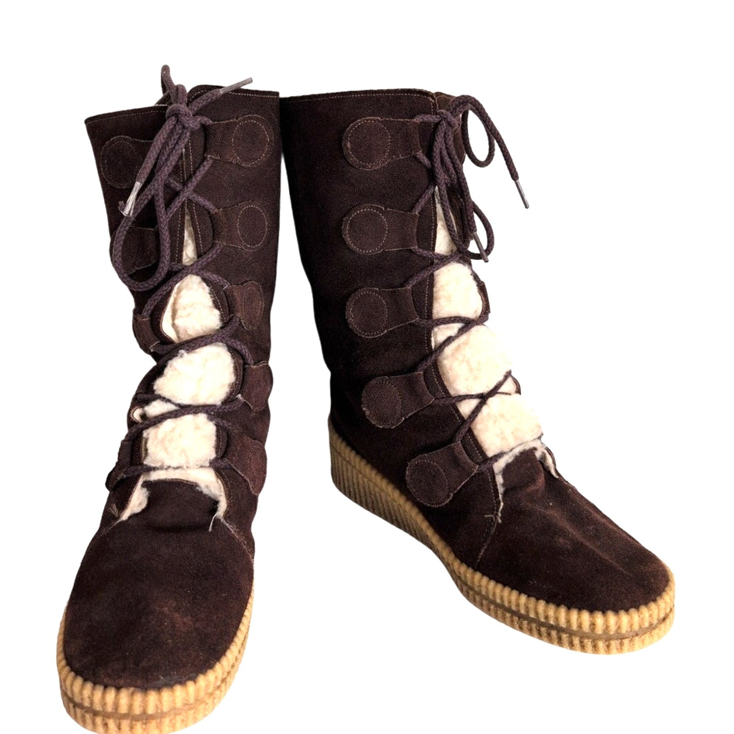 Vintage 70s Winter Boots Ladies Brown Suede + Shearling Size 9