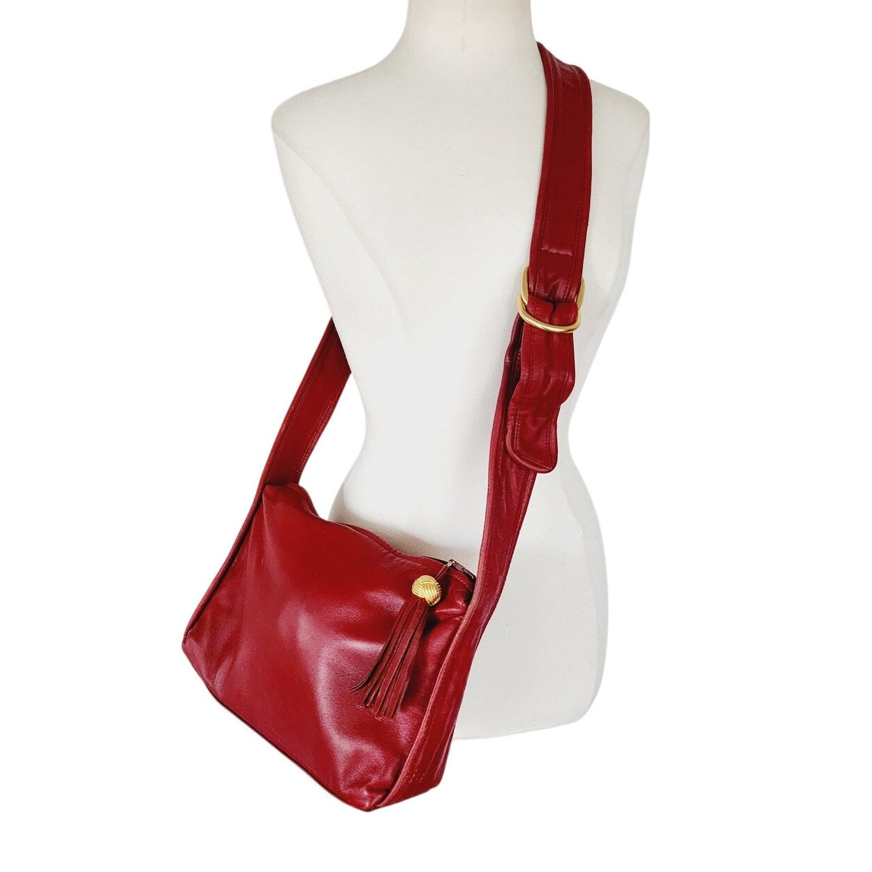 80s Red Leather Shoulder Bag Anne Klein Gold Tassel