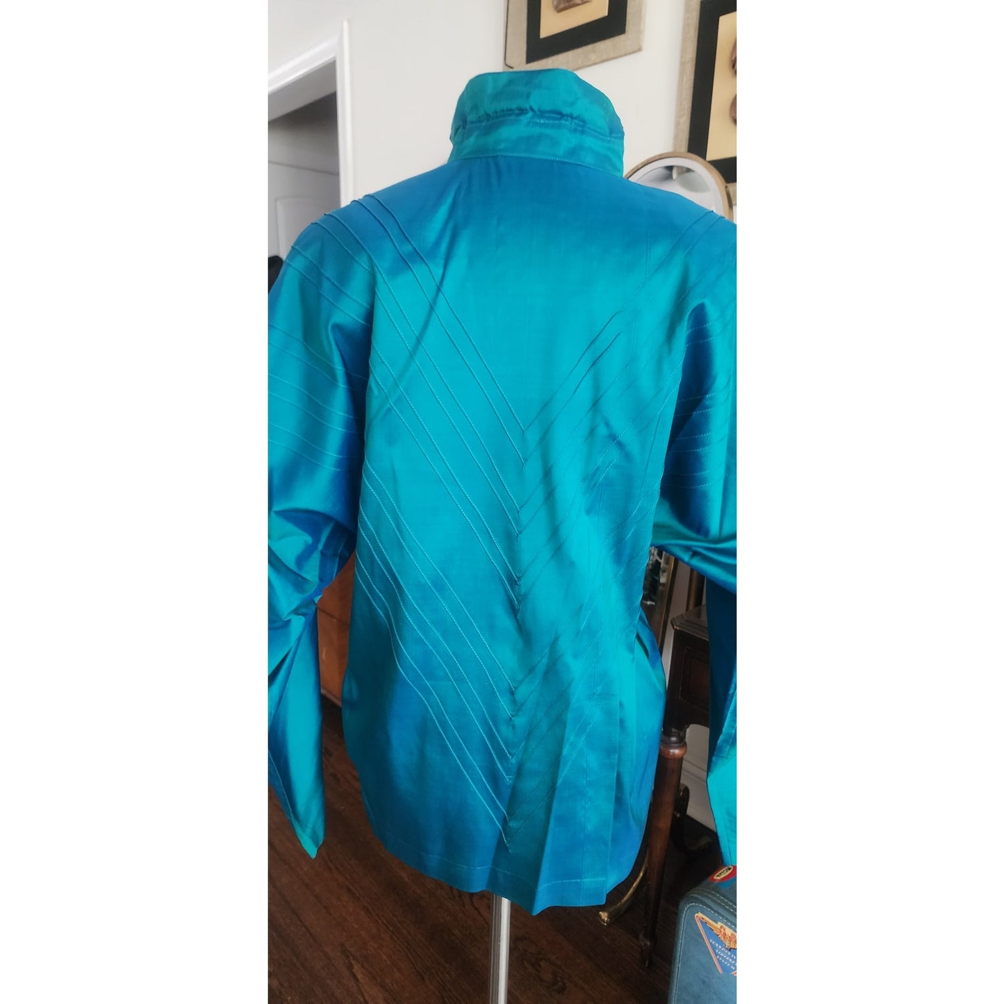 Vintage 80s Silk Blouse Electric Blue w/Pleats and Belt/Pussycat Bow / M