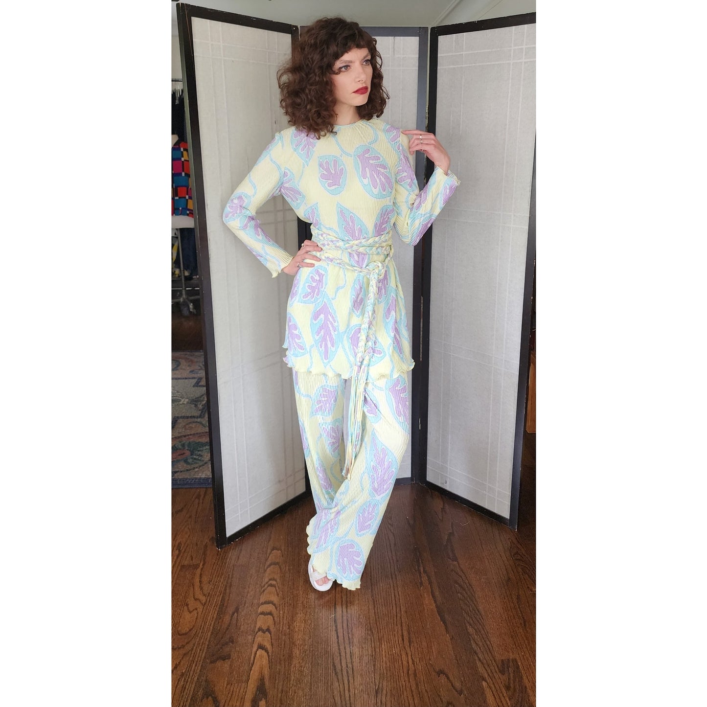 Vintage 70s Mary McFadden Pants Tunic Set Printed Micro Pleats