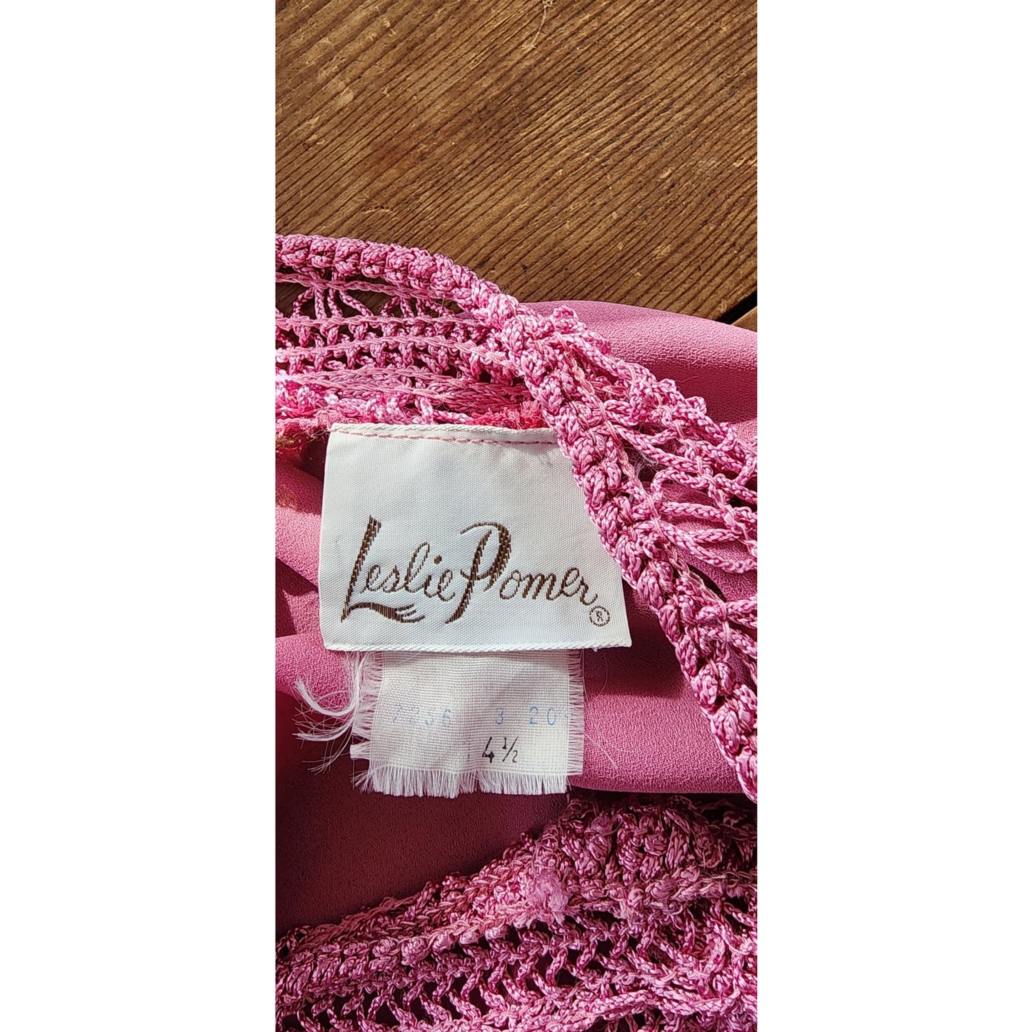 Vintage 70s Pink Dress Crochet Neckline, Belted Leslie Pomer