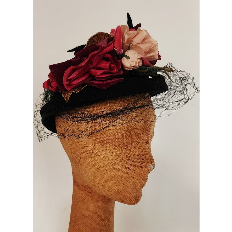 Vintage 1940s Flower Hat Black Wool Silk Floral Marshall Fields New York Creations