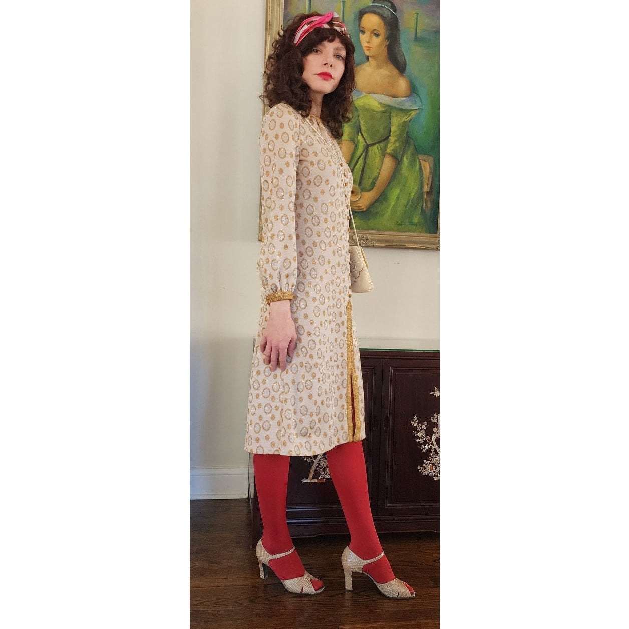 Vintage 60s Metallic Print Dress Beige Gold Tannel Knits / M