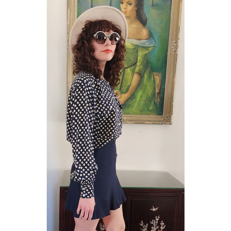 Vintage 80s Escada Blouse Navy Blue White Silkprint Shirt