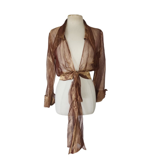 Vintage 90s Sheer Organza Blouse Jacket Copper Brown Sash Tie Belt