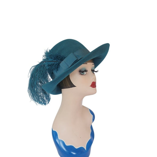 Vintage 1970s Teal Blue Wool Hat w/Large Feather by Gotham NWT