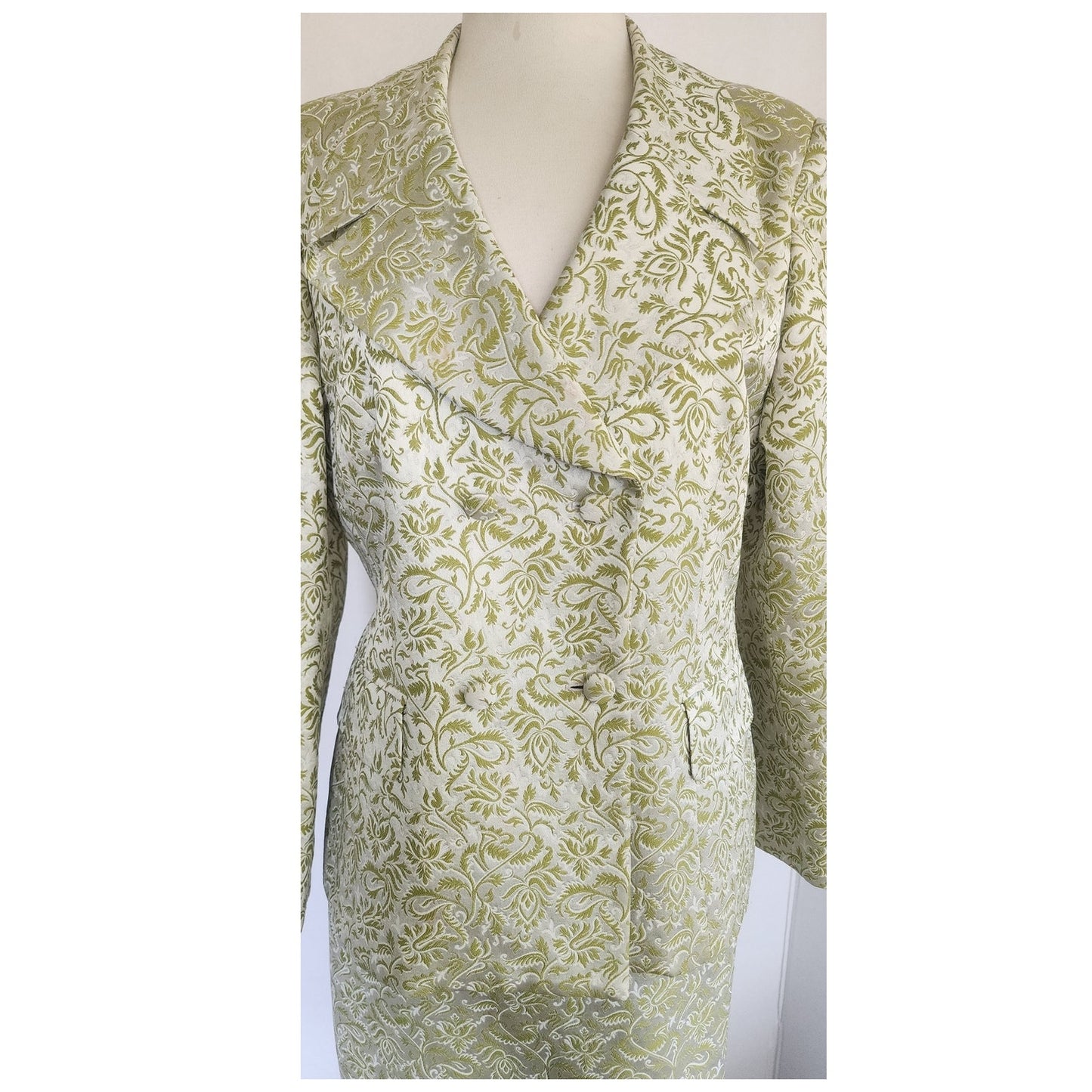 Vintage 80s ESCADA COUTURE Skirt Suit Green Cream Silk Jacquard Leafy Print / L